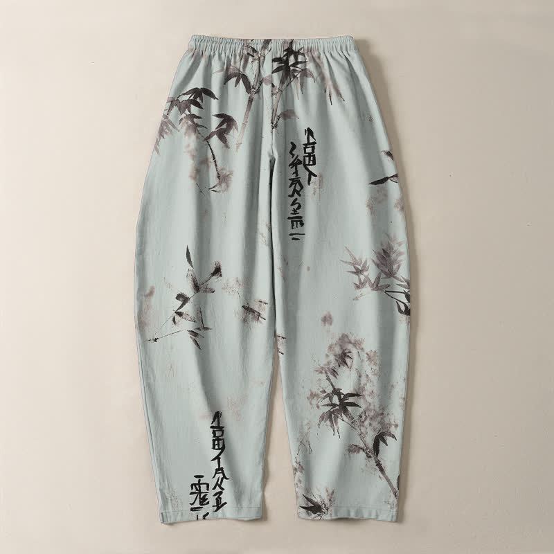 Buddha Stones Pantalon fuselé pour homme en pur coton avec cordon de serrage, motif calligraphie bambou et encre à l'encre, et poches. - image 14
