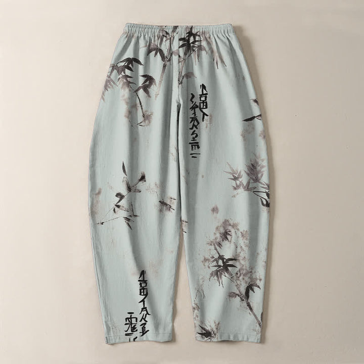 Buddha Stones Pantalon fuselé pour homme en pur coton avec cordon de serrage, motif calligraphie bambou et encre à l'encre, et poches. - image 14