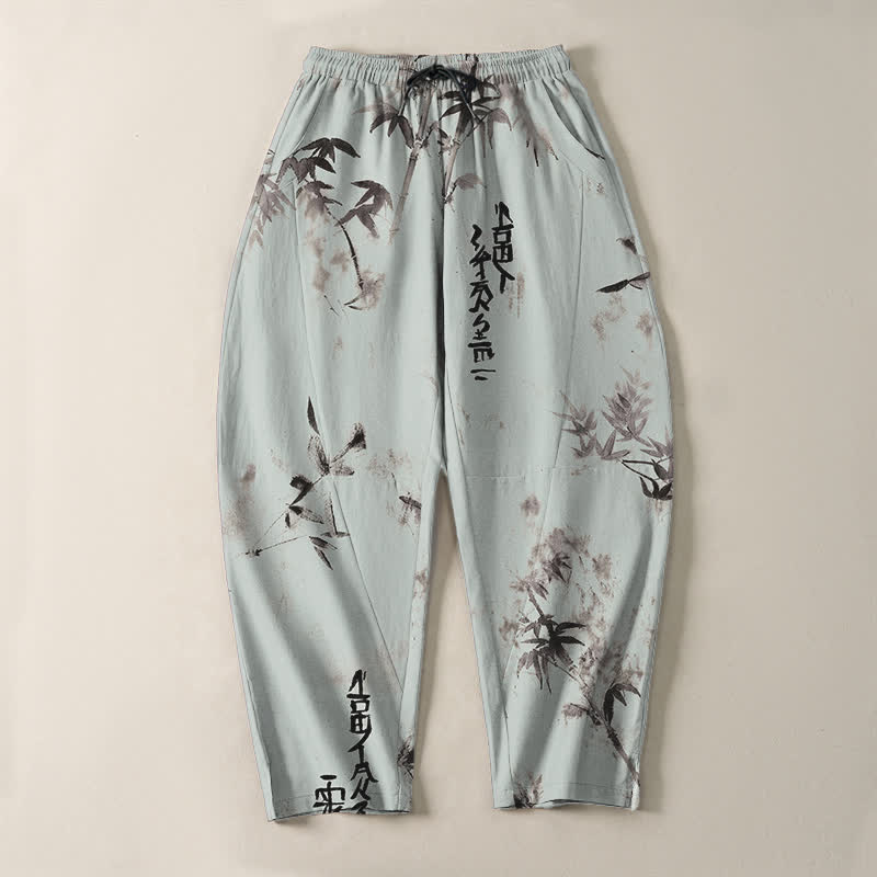 Buddha Stones Pantalon fuselé pour homme en pur coton avec cordon de serrage, motif calligraphie bambou et encre à l'encre, et poches. - image 13
