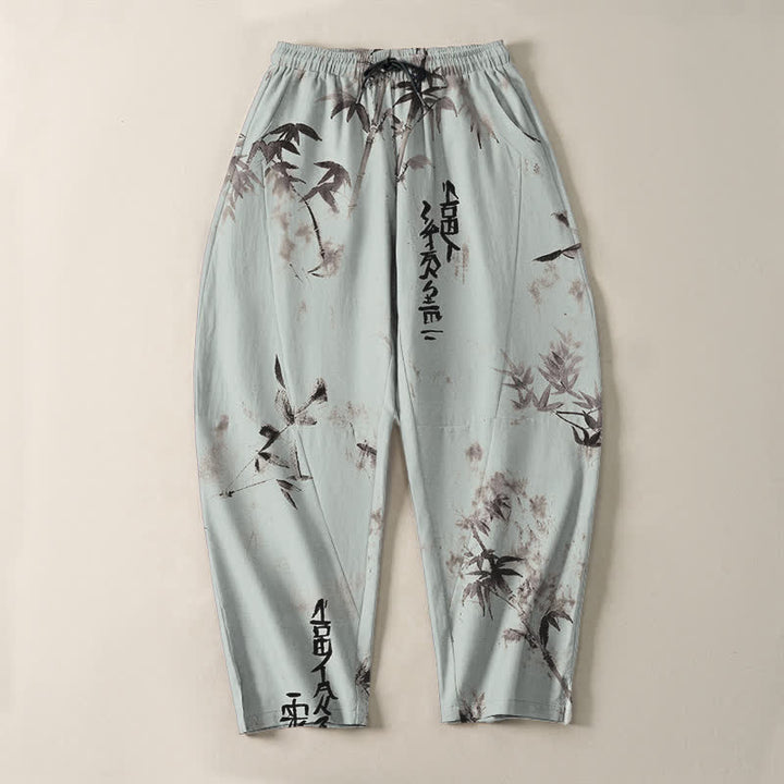 Buddha Stones Pantalon fuselé pour homme en pur coton avec cordon de serrage, motif calligraphie bambou et encre à l'encre, et poches. - image 13