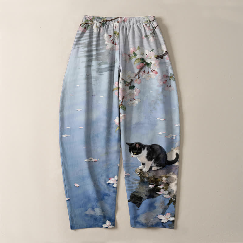 Buddha Stones Pantalon fuselé pour homme en pur coton avec cordon de serrage et poches, motif chat Sakura dans l'eau - image 3
