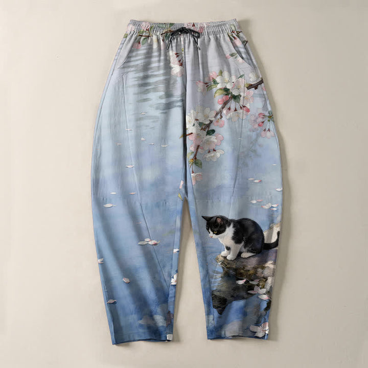 Buddha Stones Pantalon fuselé pour homme en pur coton avec cordon de serrage et poches, motif chat Sakura dans l'eau - image 2