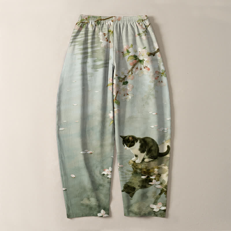 Buddha Stones Pantalon fuselé pour homme en pur coton avec cordon de serrage et poches, motif chat Sakura dans l'eau - image 10