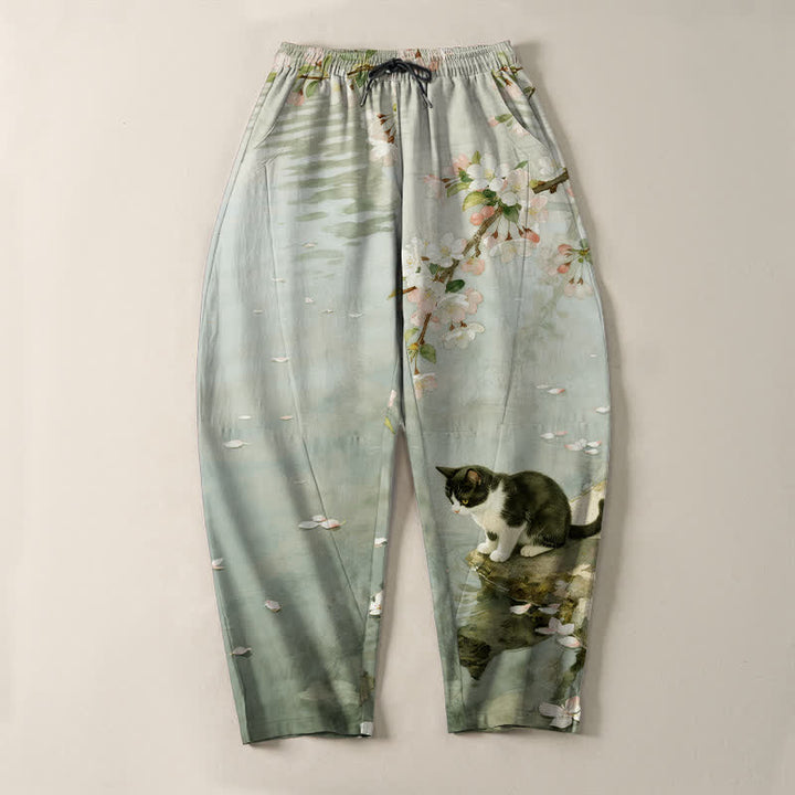 Buddha Stones Pantalon fuselé pour homme en pur coton avec cordon de serrage et poches, motif chat Sakura dans l'eau - image 9