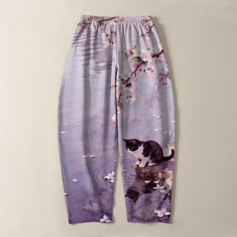 Buddha Stones Pantalon fuselé pour homme en pur coton avec cordon de serrage et poches, motif chat Sakura dans l'eau - image 14