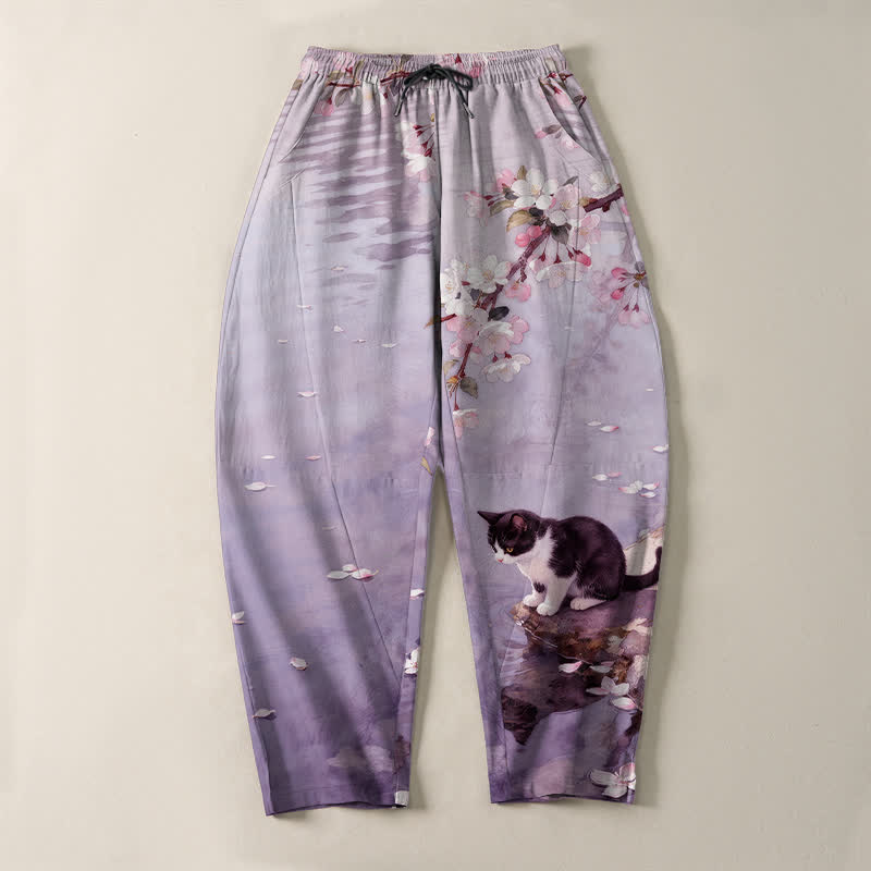 Buddha Stones Pantalon fuselé pour homme en pur coton avec cordon de serrage et poches, motif chat Sakura dans l'eau - image 13