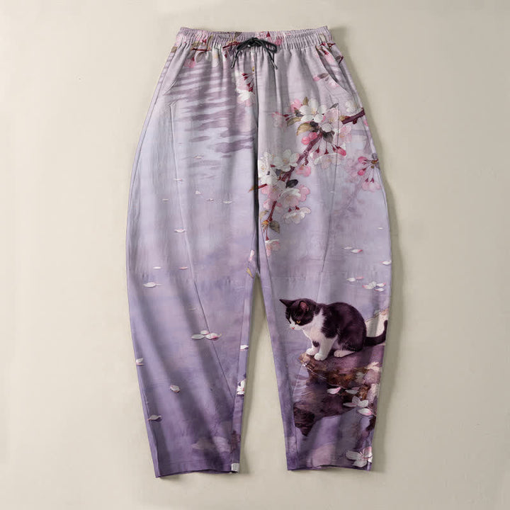 Buddha Stones Pantalon fuselé pour homme en pur coton avec cordon de serrage et poches, motif chat Sakura dans l'eau - image 13