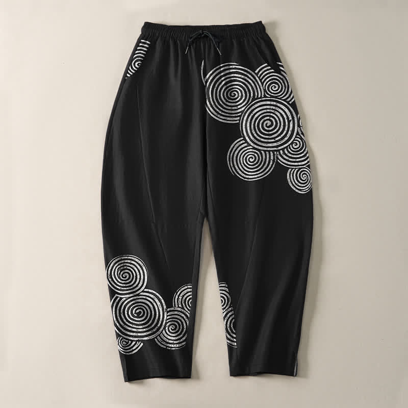 Buddha Stones Pantalon fuselé pour homme en pur coton, à cordon de serrage et poches, motif spirale concentrique. - image 2