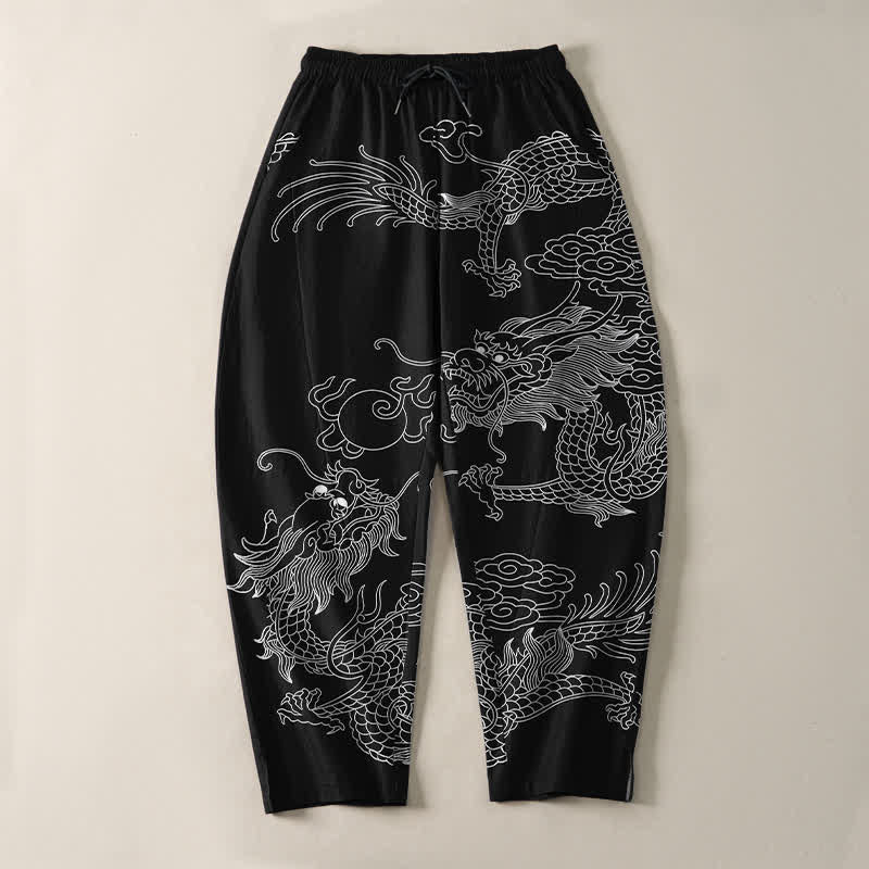 Buddha Stones Pantalon fuselé pour homme en pur coton, motif dragon impérial, cordon de serrage et poches - image 2