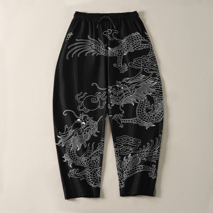 Buddha Stones Pantalon fuselé pour homme en pur coton, motif dragon impérial, cordon de serrage et poches - image 2