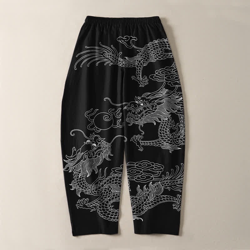 Buddha Stones Pantalon fuselé pour homme en pur coton, motif dragon impérial, cordon de serrage et poches - image 3