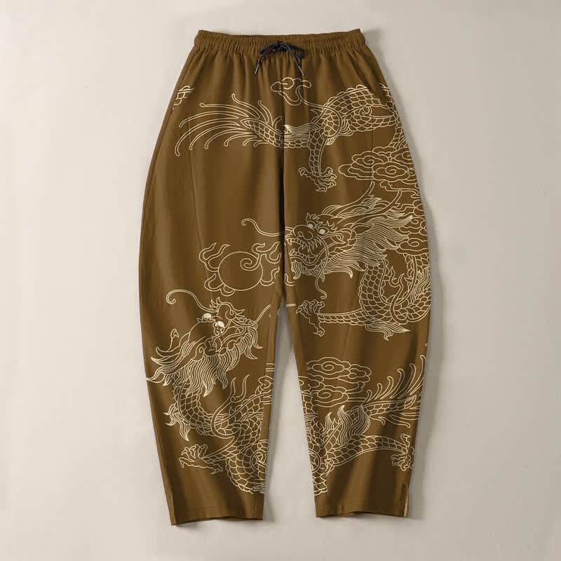Buddha Stones Pantalon fuselé pour homme en pur coton, motif dragon impérial, cordon de serrage et poches - image 13