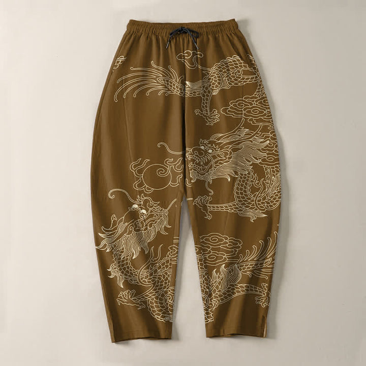 Buddha Stones Pantalon fuselé pour homme en pur coton, motif dragon impérial, cordon de serrage et poches - image 13