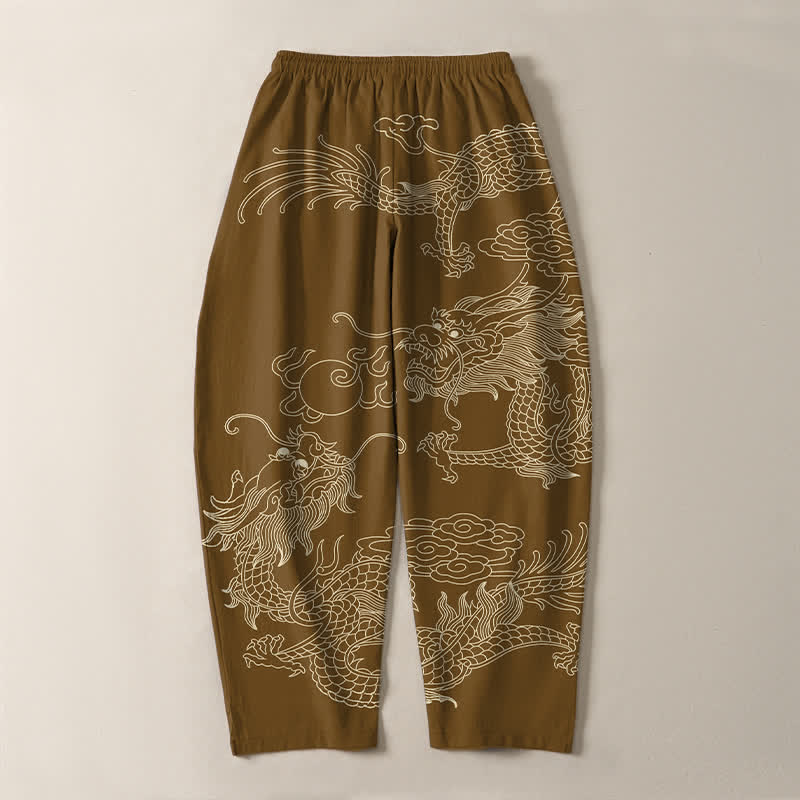 Buddha Stones Pantalon fuselé pour homme en pur coton, motif dragon impérial, cordon de serrage et poches - image 14