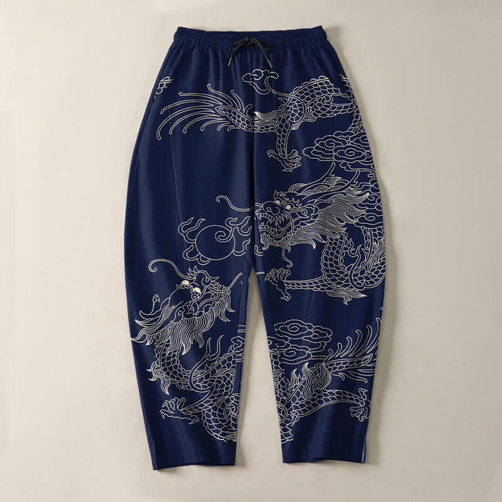 Buddha Stones Pantalon fuselé pour homme en pur coton, motif dragon impérial, cordon de serrage et poches - image 9