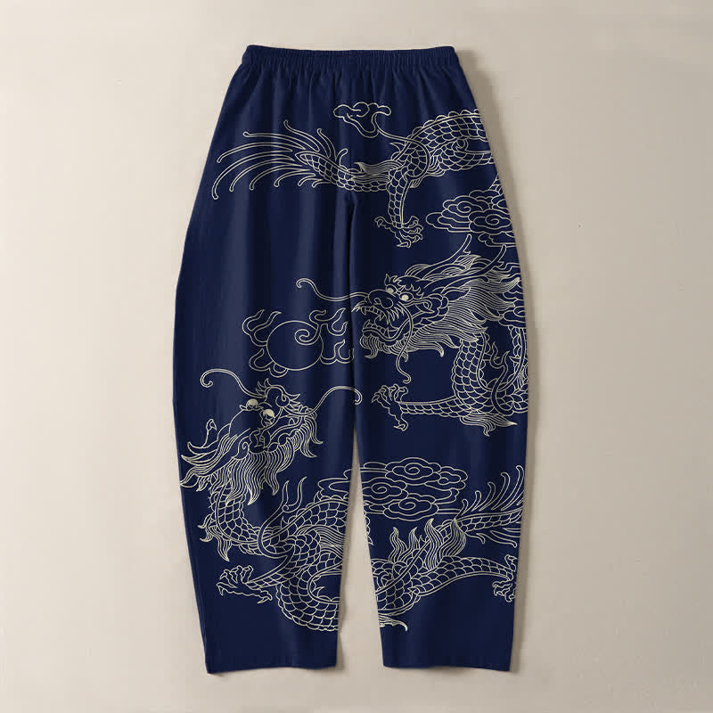 Buddha Stones Pantalon fuselé pour homme en pur coton, motif dragon impérial, cordon de serrage et poches - image 10
