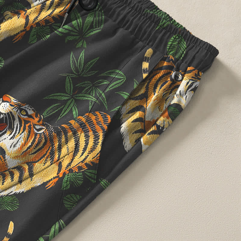 Buddha Stones Pantalon fuselé pour homme en pur coton, motif feuille de bambou tigre, cordon de serrage et poches - image 4