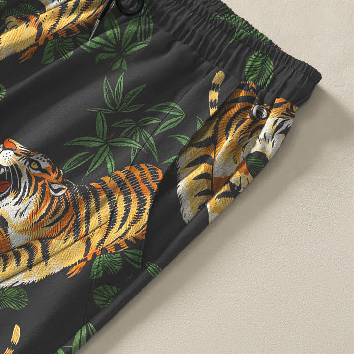 Buddha Stones Pantalon fuselé pour homme en pur coton, motif feuille de bambou tigre, cordon de serrage et poches - image 4