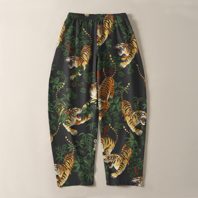 Buddha Stones Pantalon fuselé pour homme en pur coton, motif feuille de bambou tigre, cordon de serrage et poches - image 3