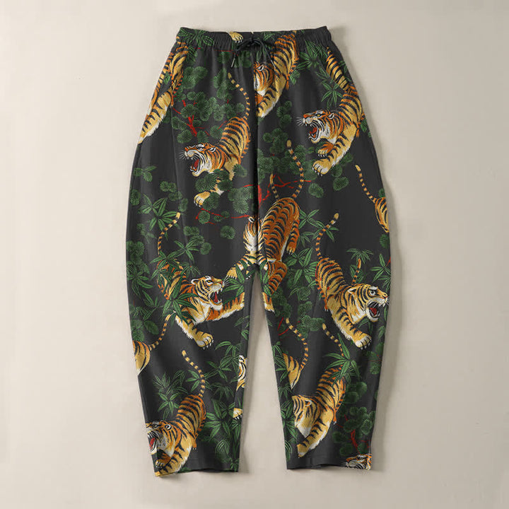 Buddha Stones Pantalon fuselé pour homme en pur coton, motif feuille de bambou tigre, cordon de serrage et poches - image 2