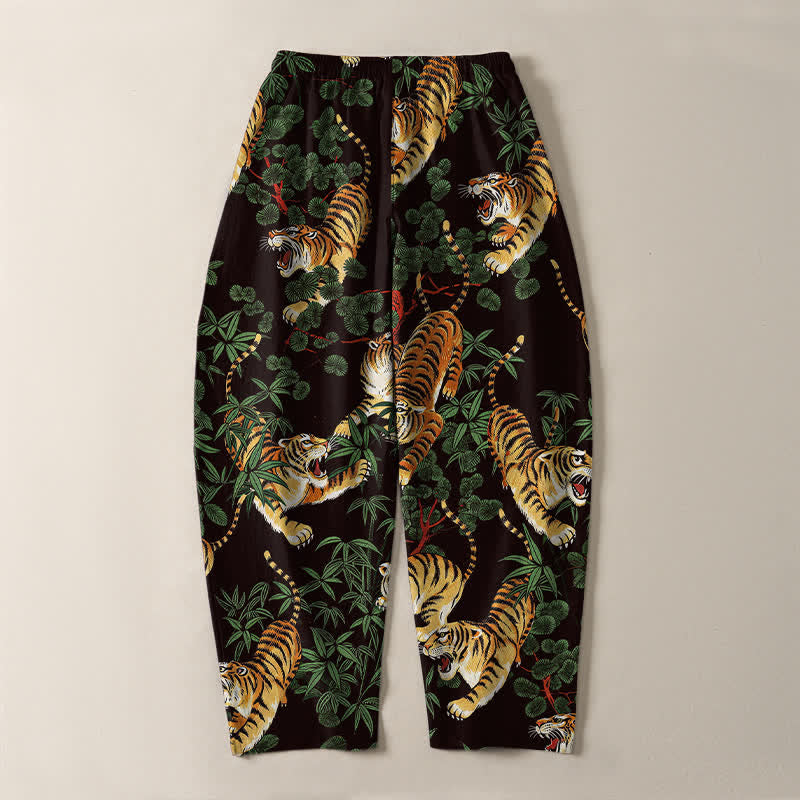 Buddha Stones Pantalon fuselé pour homme en pur coton, motif feuille de bambou tigre, cordon de serrage et poches - image 10
