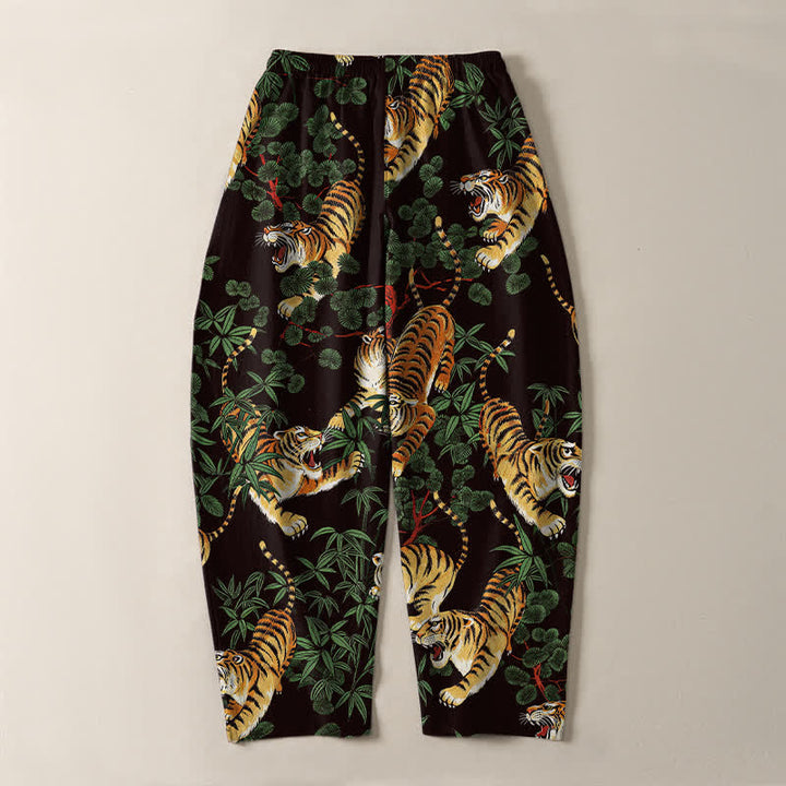 Buddha Stones Pantalon fuselé pour homme en pur coton, motif feuille de bambou tigre, cordon de serrage et poches - image 10