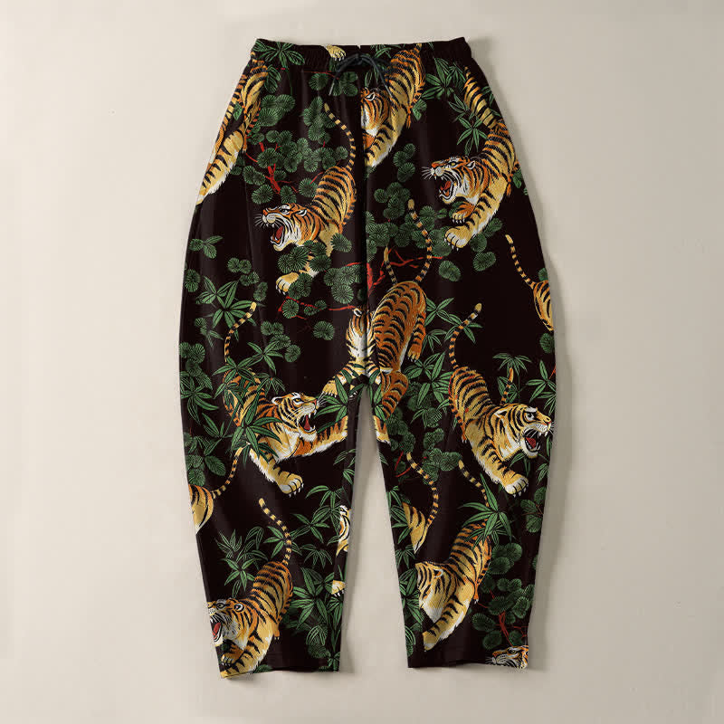 Buddha Stones Pantalon fuselé pour homme en pur coton, motif feuille de bambou tigre, cordon de serrage et poches - image 9