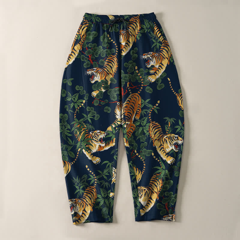 Buddha Stones Pantalon fuselé pour homme en pur coton, motif feuille de bambou tigre, cordon de serrage et poches - image 13