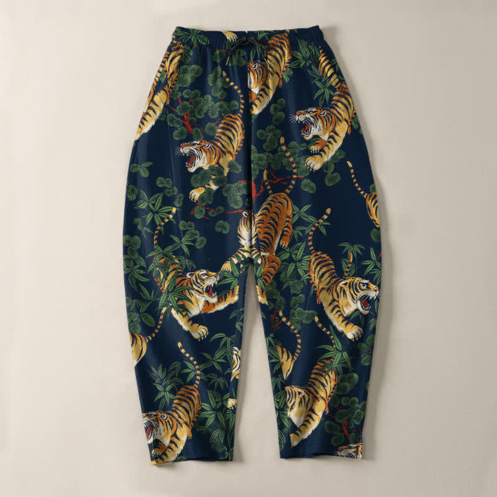 Buddha Stones Pantalon fuselé pour homme en pur coton, motif feuille de bambou tigre, cordon de serrage et poches - image 13