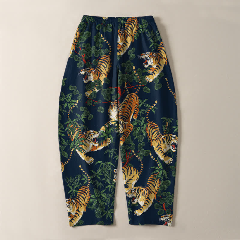 Buddha Stones Pantalon fuselé pour homme en pur coton, motif feuille de bambou tigre, cordon de serrage et poches - image 14