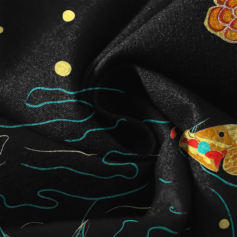 Buddha Stones Pantalon fuselé pour homme en pur coton, motif vagues de lotus et carpes koï dorées, cordon de serrage et poches - image 6