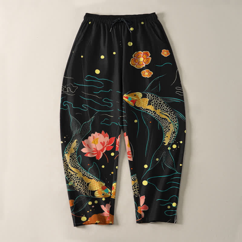 Buddha Stones Pantalon fuselé pour homme en pur coton, motif vagues de lotus et carpes koï dorées, cordon de serrage et poches - image 2