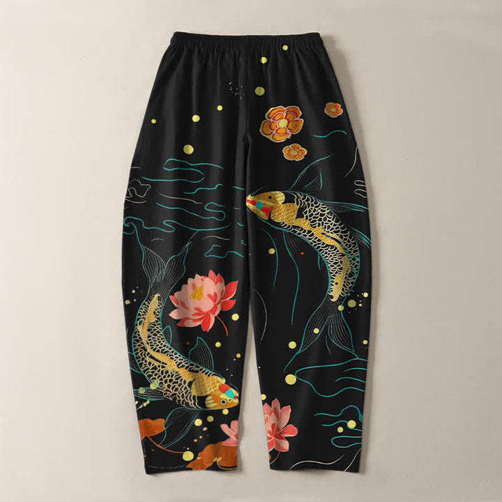 Buddha Stones Pantalon fuselé pour homme en pur coton, motif vagues de lotus et carpes koï dorées, cordon de serrage et poches - image 3