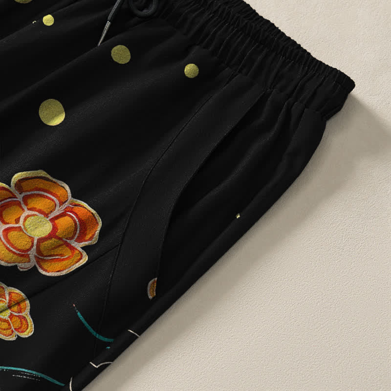 Buddha Stones Pantalon fuselé pour homme en pur coton, motif vagues de lotus et carpes koï dorées, cordon de serrage et poches - image 4