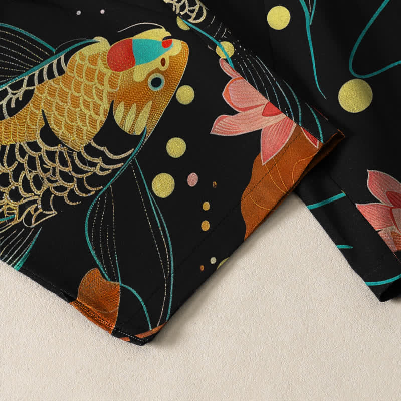 Buddha Stones Pantalon fuselé pour homme en pur coton, motif vagues de lotus et carpes koï dorées, cordon de serrage et poches - image 5