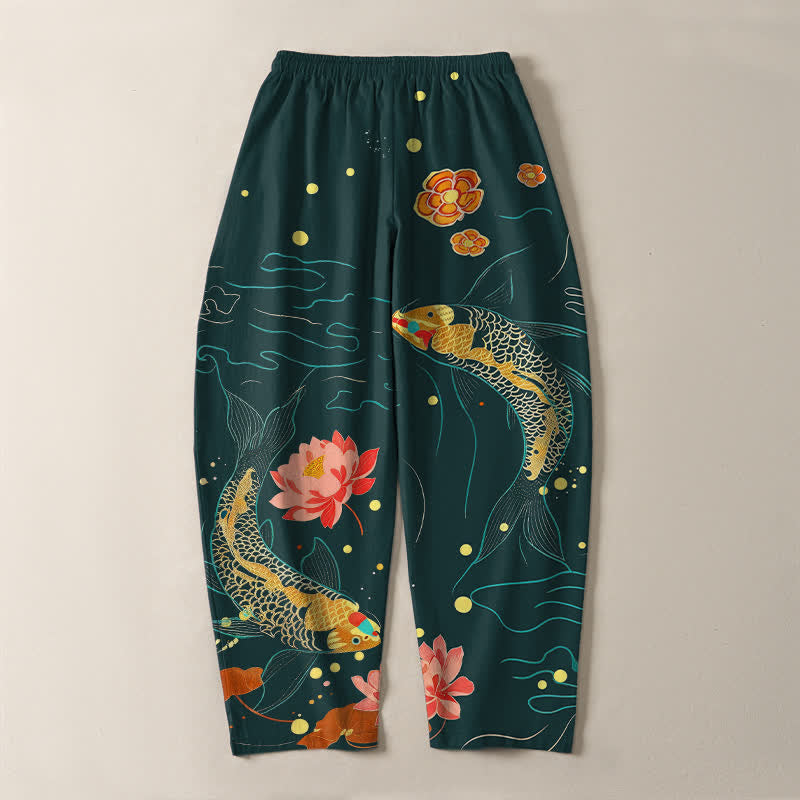 Buddha Stones Pantalon fuselé pour homme en pur coton, motif vagues de lotus et carpes koï dorées, cordon de serrage et poches - image 10