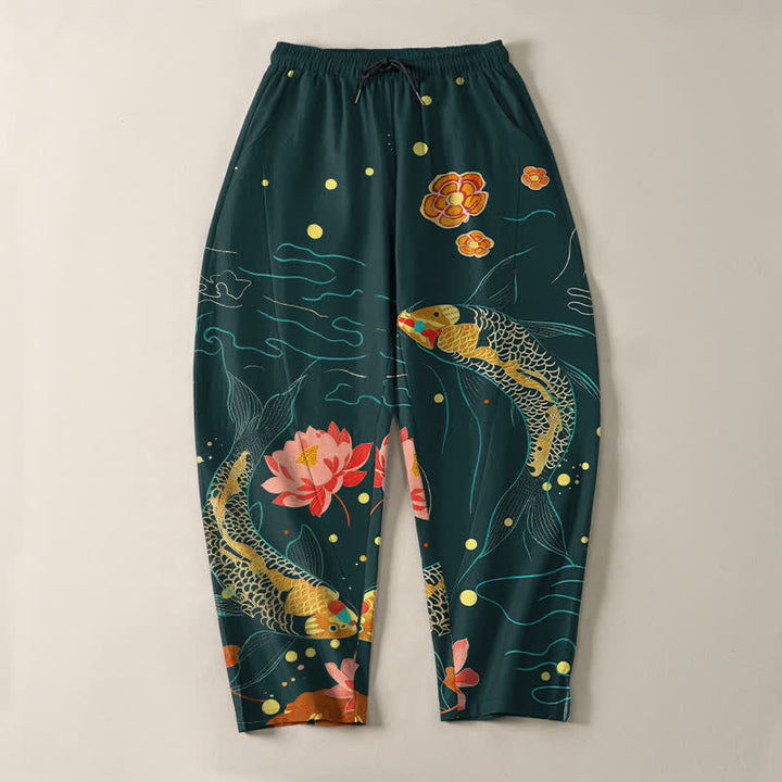 Buddha Stones Pantalon fuselé pour homme en pur coton, motif vagues de lotus et carpes koï dorées, cordon de serrage et poches - image 9