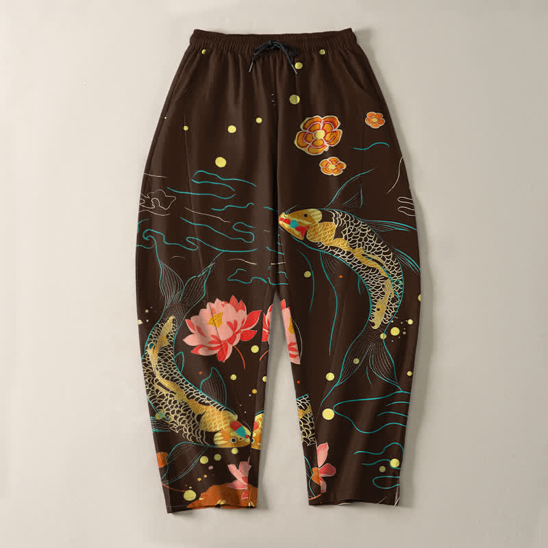 Buddha Stones Pantalon fuselé pour homme en pur coton, motif vagues de lotus et carpes koï dorées, cordon de serrage et poches - image 13