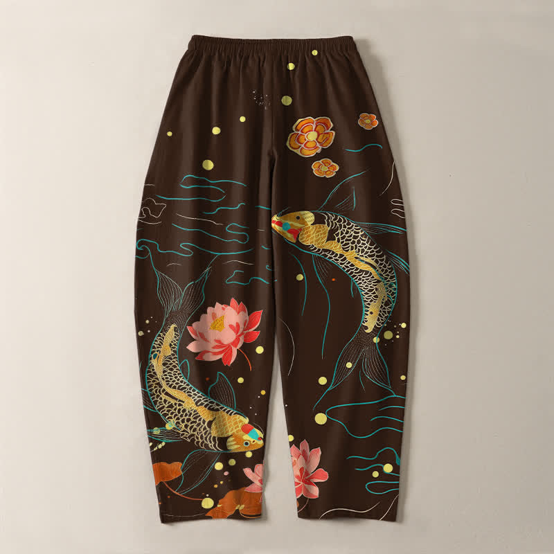 Buddha Stones Pantalon fuselé pour homme en pur coton, motif vagues de lotus et carpes koï dorées, cordon de serrage et poches - image 14