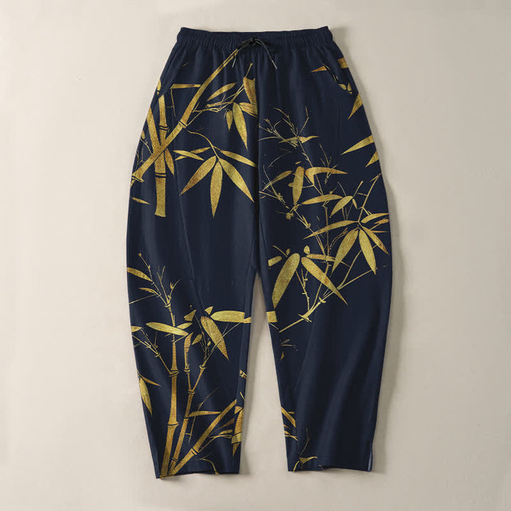 Buddha Stones Pantalon fuselé pour homme en pur coton, motif bambou doré, cordon de serrage et poches - image 2