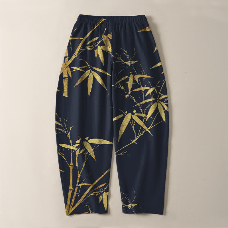 Buddha Stones Pantalon fuselé pour homme en pur coton, motif bambou doré, cordon de serrage et poches - image 3