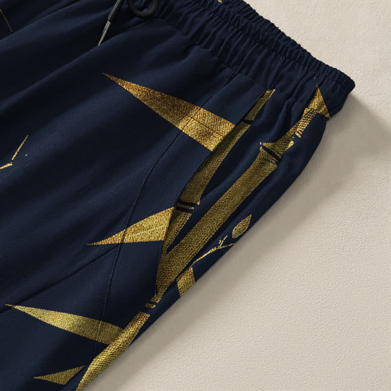 Buddha Stones Pantalon fuselé pour homme en pur coton, motif bambou doré, cordon de serrage et poches - image 4