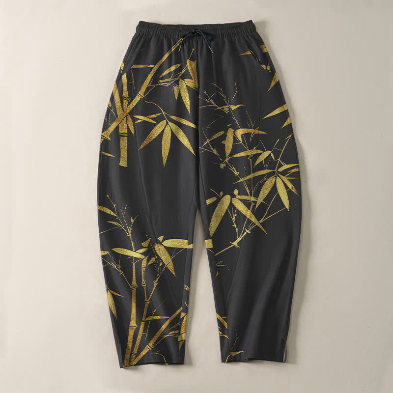 Buddha Stones Pantalon fuselé pour homme en pur coton, motif bambou doré, cordon de serrage et poches - image 9