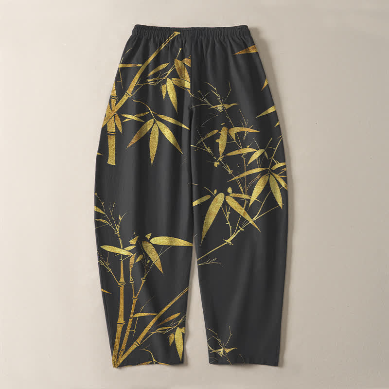 Buddha Stones Pantalon fuselé pour homme en pur coton, motif bambou doré, cordon de serrage et poches - image 10