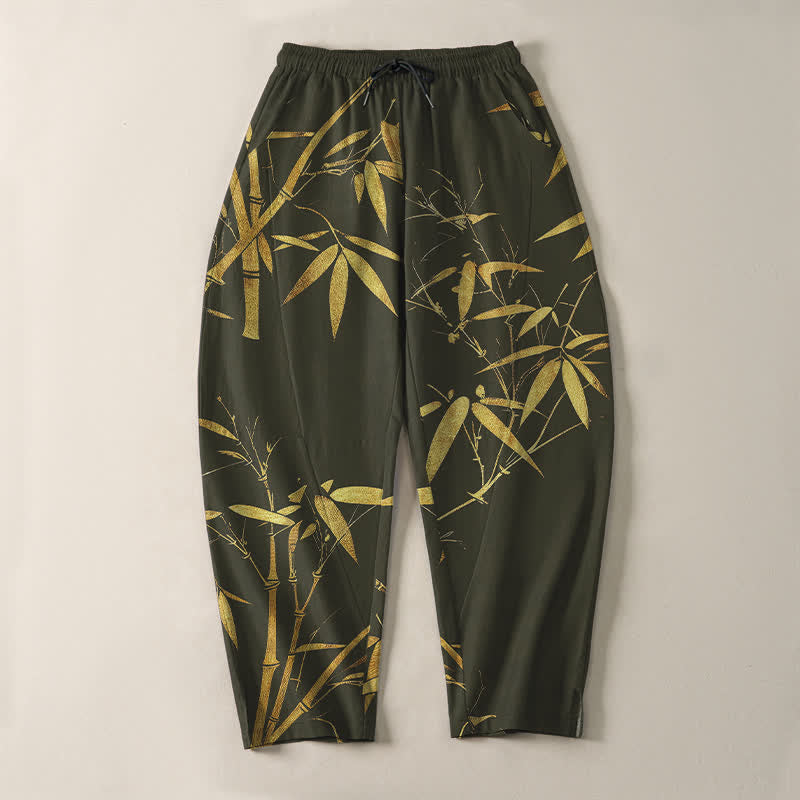 Buddha Stones Pantalon fuselé pour homme en pur coton, motif bambou doré, cordon de serrage et poches - image 13