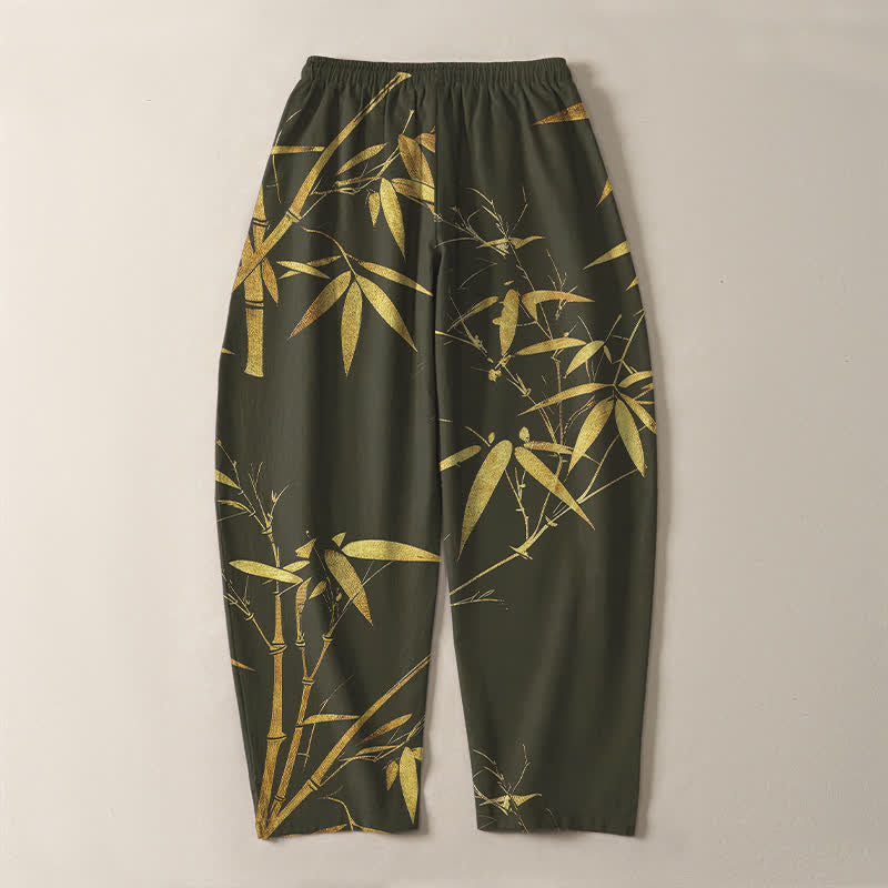 Buddha Stones Pantalon fuselé pour homme en pur coton, motif bambou doré, cordon de serrage et poches - image 14