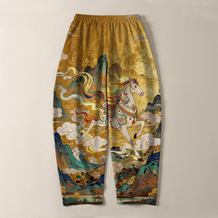 Buddha Stones Pantalon fuselé pour homme en pur coton, motif cheval blanc, cordon de serrage et poches - image 3