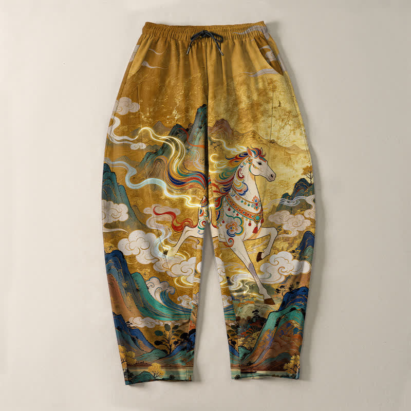 Buddha Stones Pantalon fuselé pour homme en pur coton, motif cheval blanc, cordon de serrage et poches - image 2