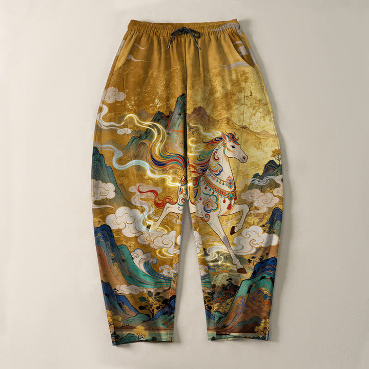 Buddha Stones Pantalon fuselé pour homme en pur coton, motif cheval blanc, cordon de serrage et poches - image 2