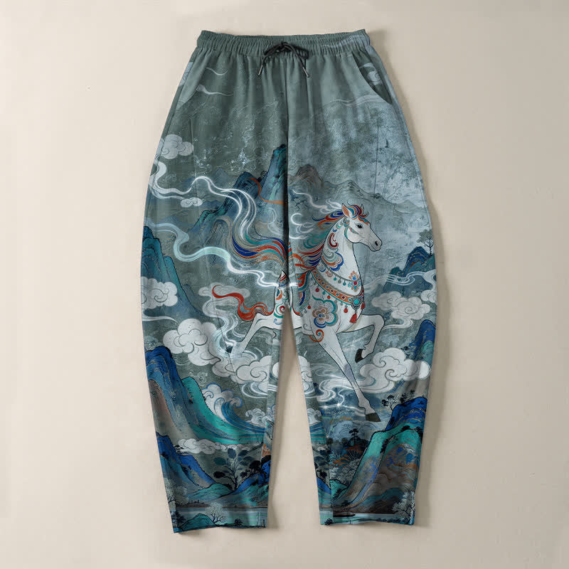 Buddha Stones Pantalon fuselé pour homme en pur coton, motif cheval blanc, cordon de serrage et poches - image 9